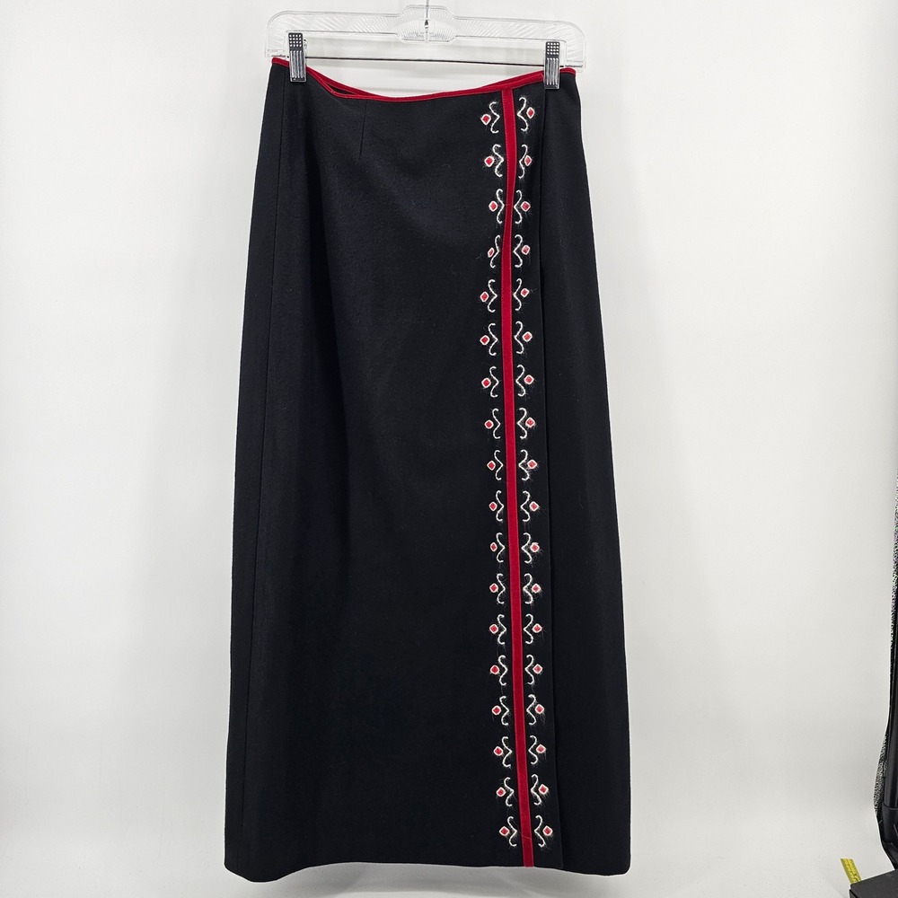 Ann Taylor Wrap Skirt Women 4 Black Red Wool Cashmere Blend Embroidered Maxi